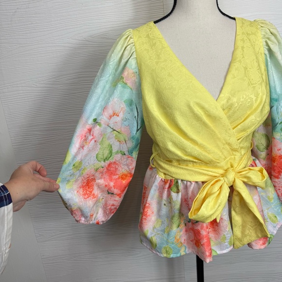 Alberto Makai 2023 Floral Wrap Blouse - Yellow and Multicolor - Picture 4 of 11